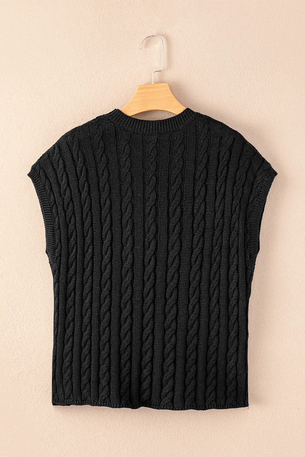 Black Cable Knit Crewneck Short Sleeve Sweater