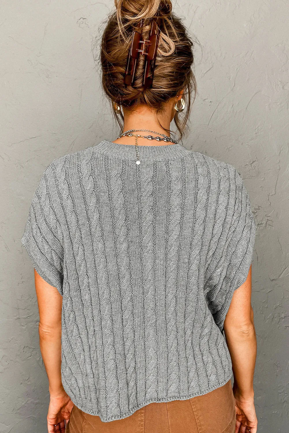 Black Cable Knit Crewneck Short Sleeve Sweater