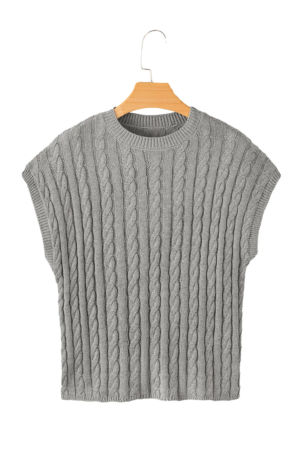 Black Cable Knit Crewneck Short Sleeve Sweater