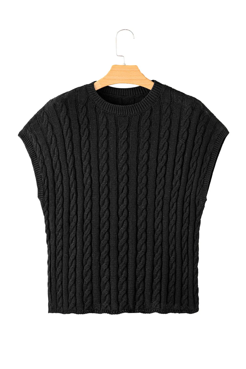 Black Cable Knit Crewneck Short Sleeve Sweater