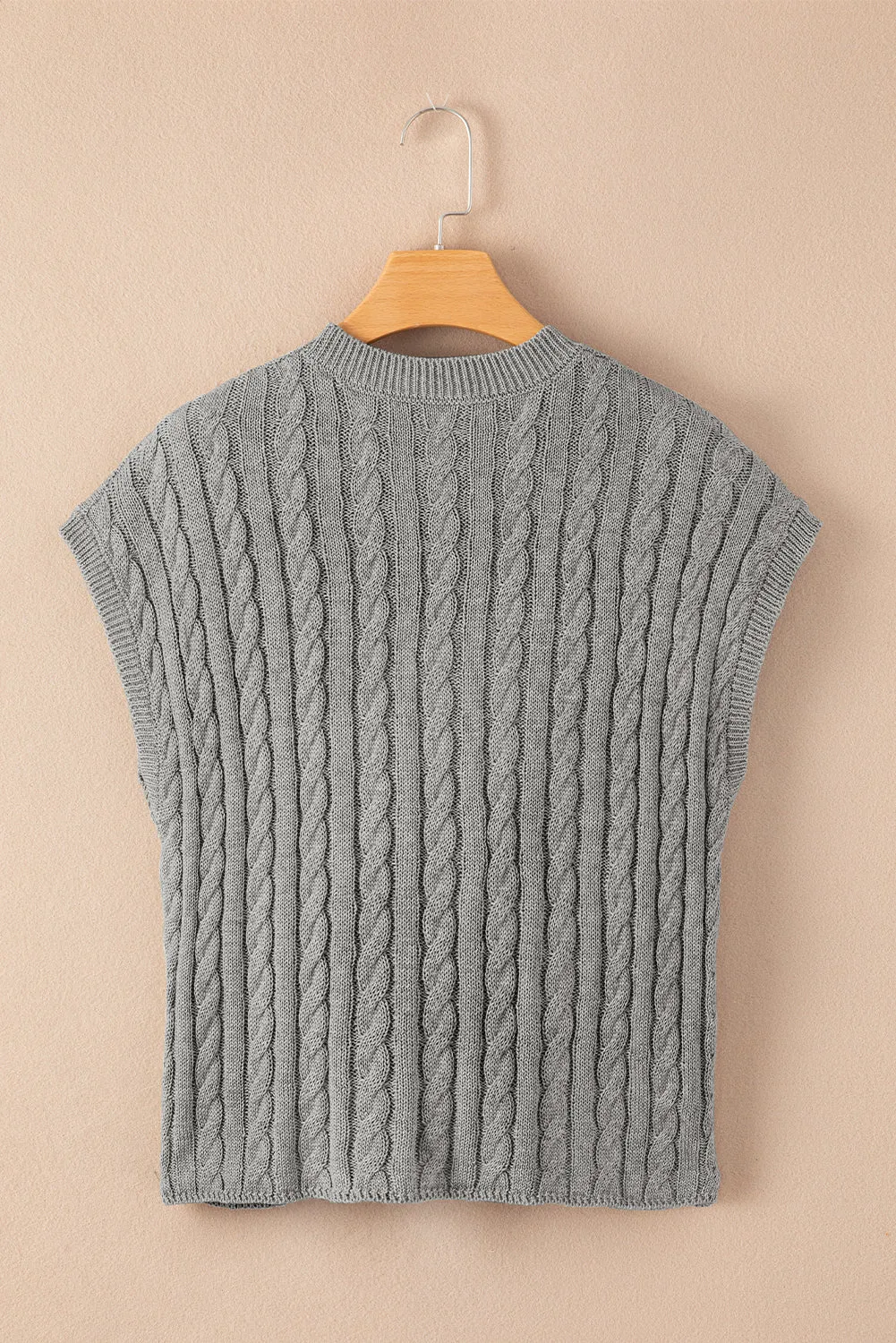 Black Cable Knit Crewneck Short Sleeve Sweater