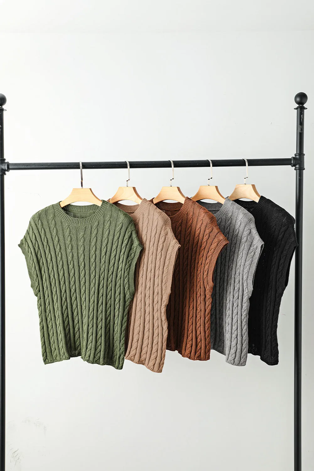 Black Cable Knit Crewneck Short Sleeve Sweater