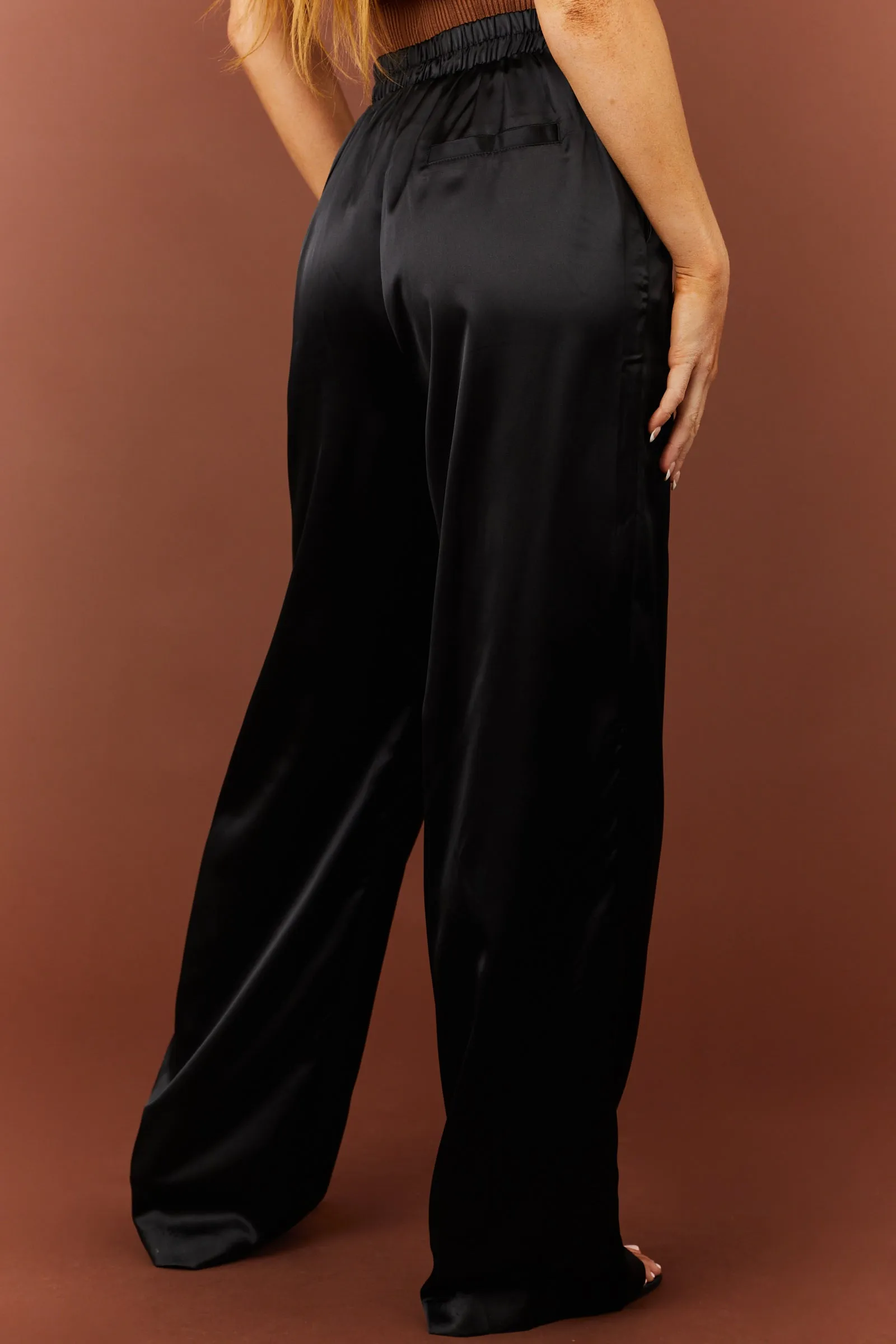 Black High Waist Satin Smocked Waist Pants