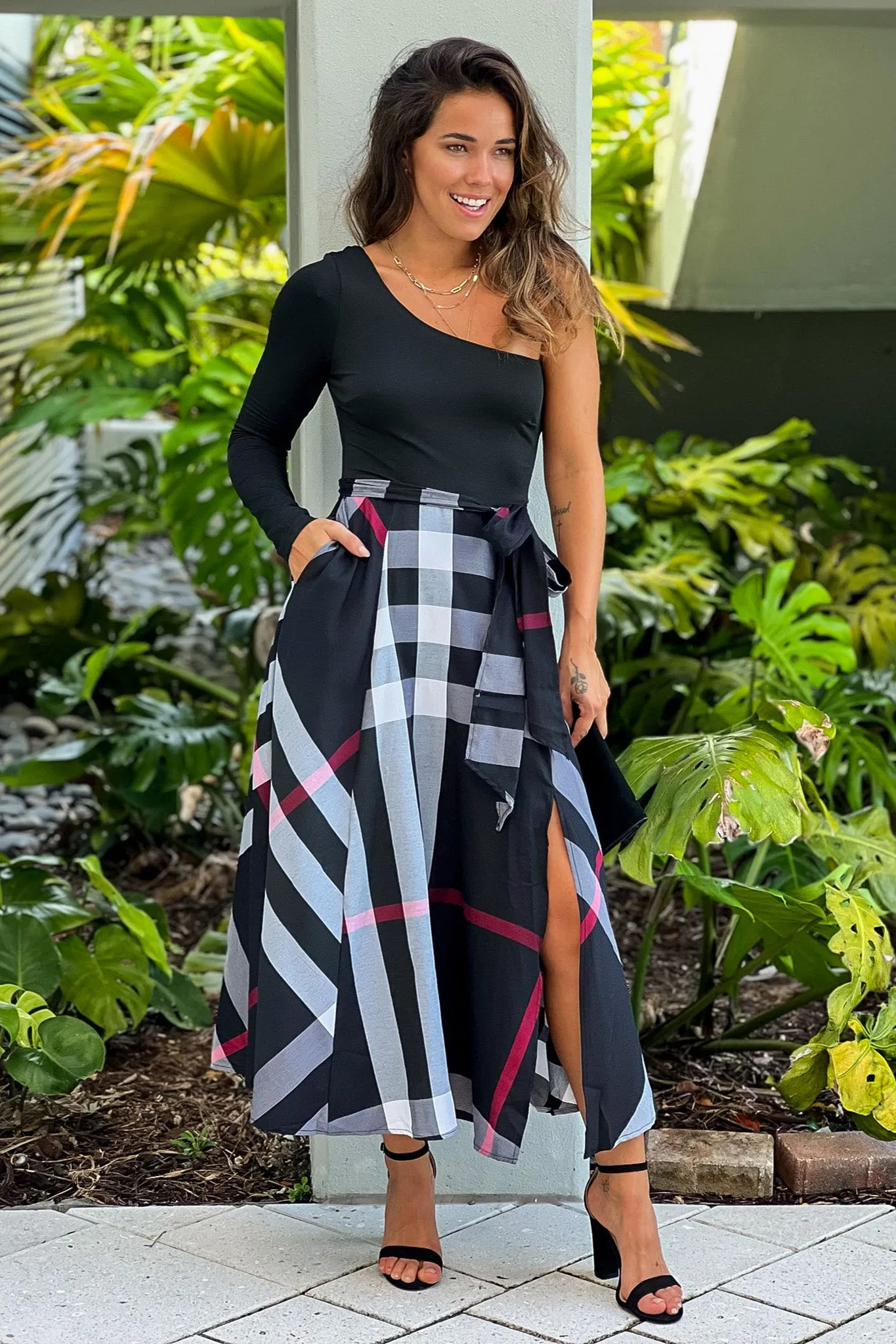 Black Plaid Skirt Midi Dress