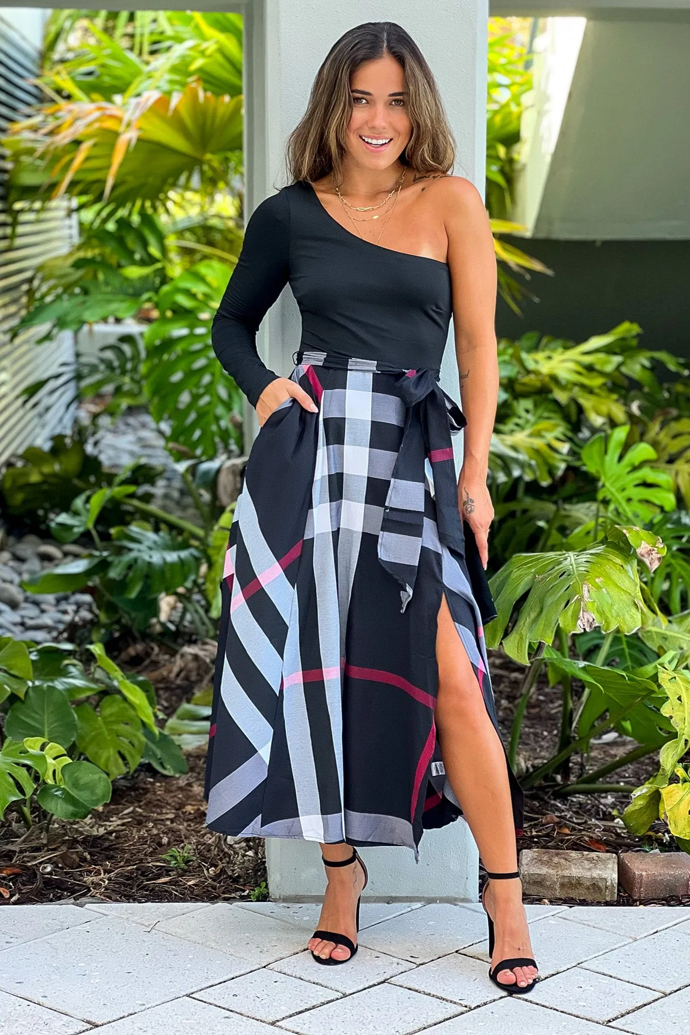 Black Plaid Skirt Midi Dress