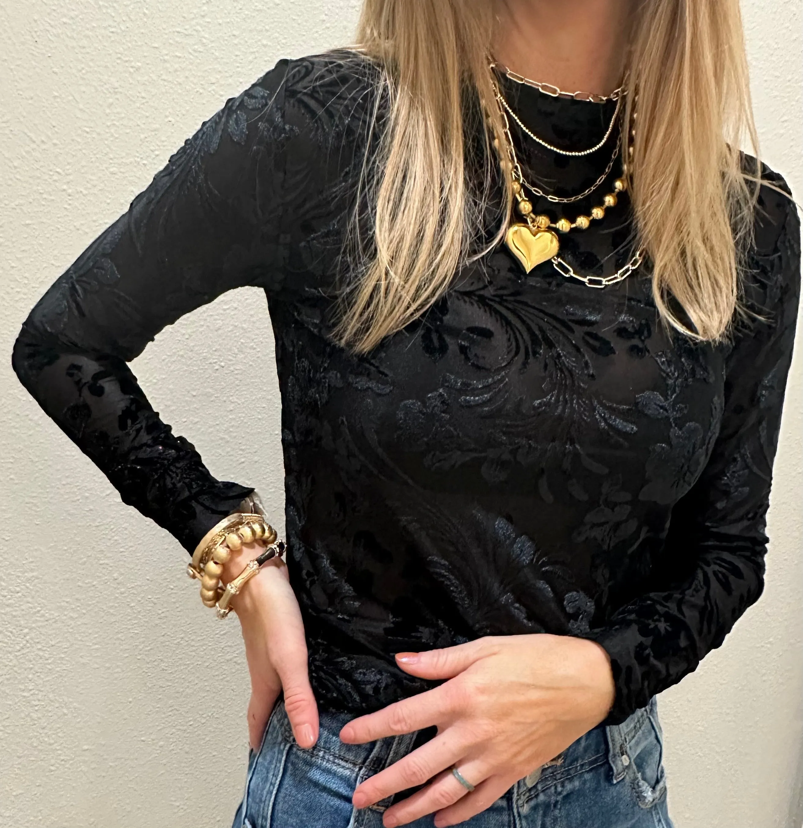 Black Velvet Long Sleeve Mesh Top