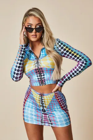 Blue Multi Spot Print Crop Top & Mini Skirt Set - Kyomi