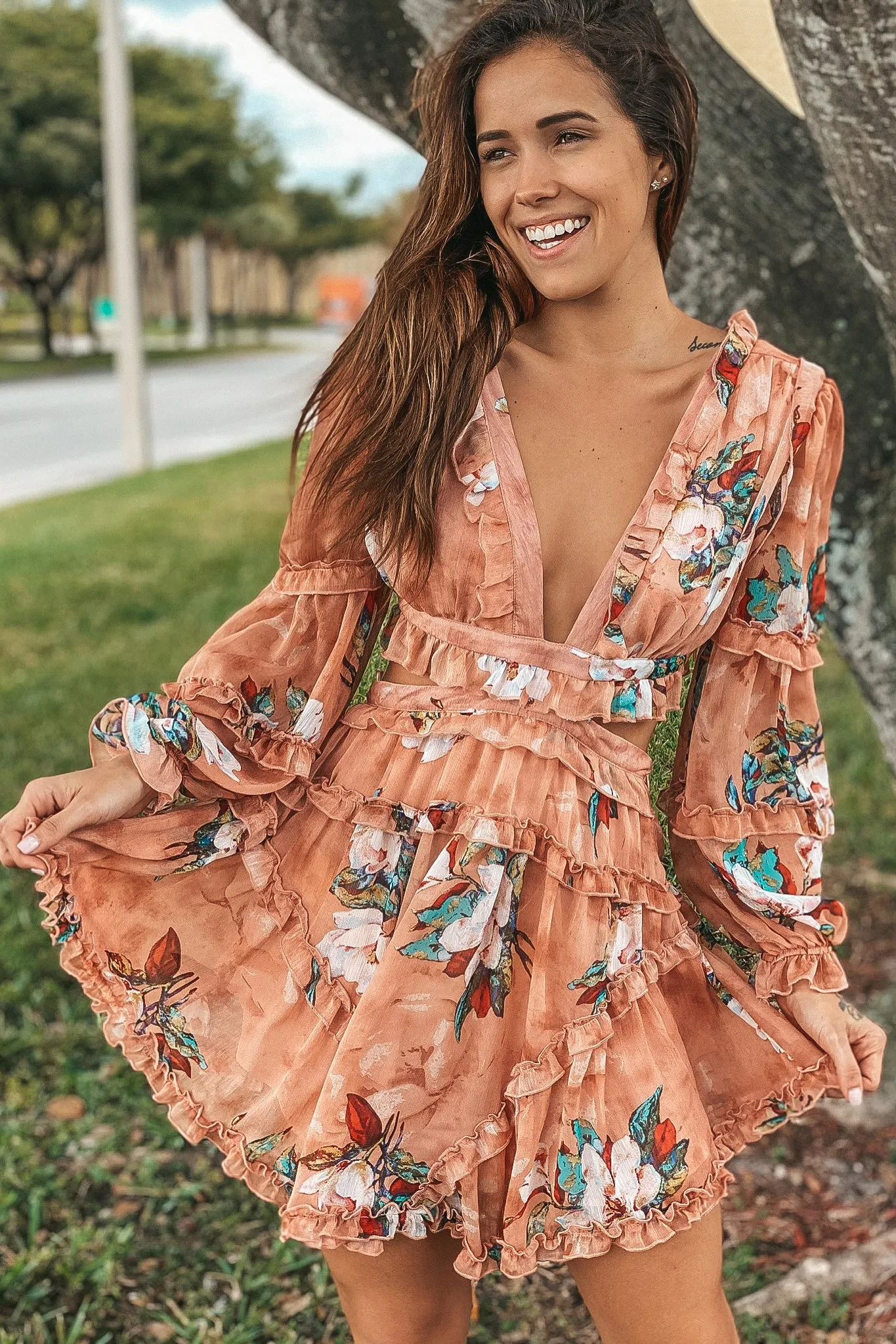 Blush Floral Strappy Back Short Dress