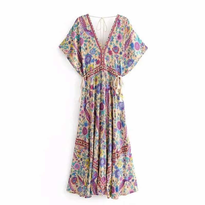 Bohemian Holiday Wind Dress Retro Peacock Print Lace Long Dress-1