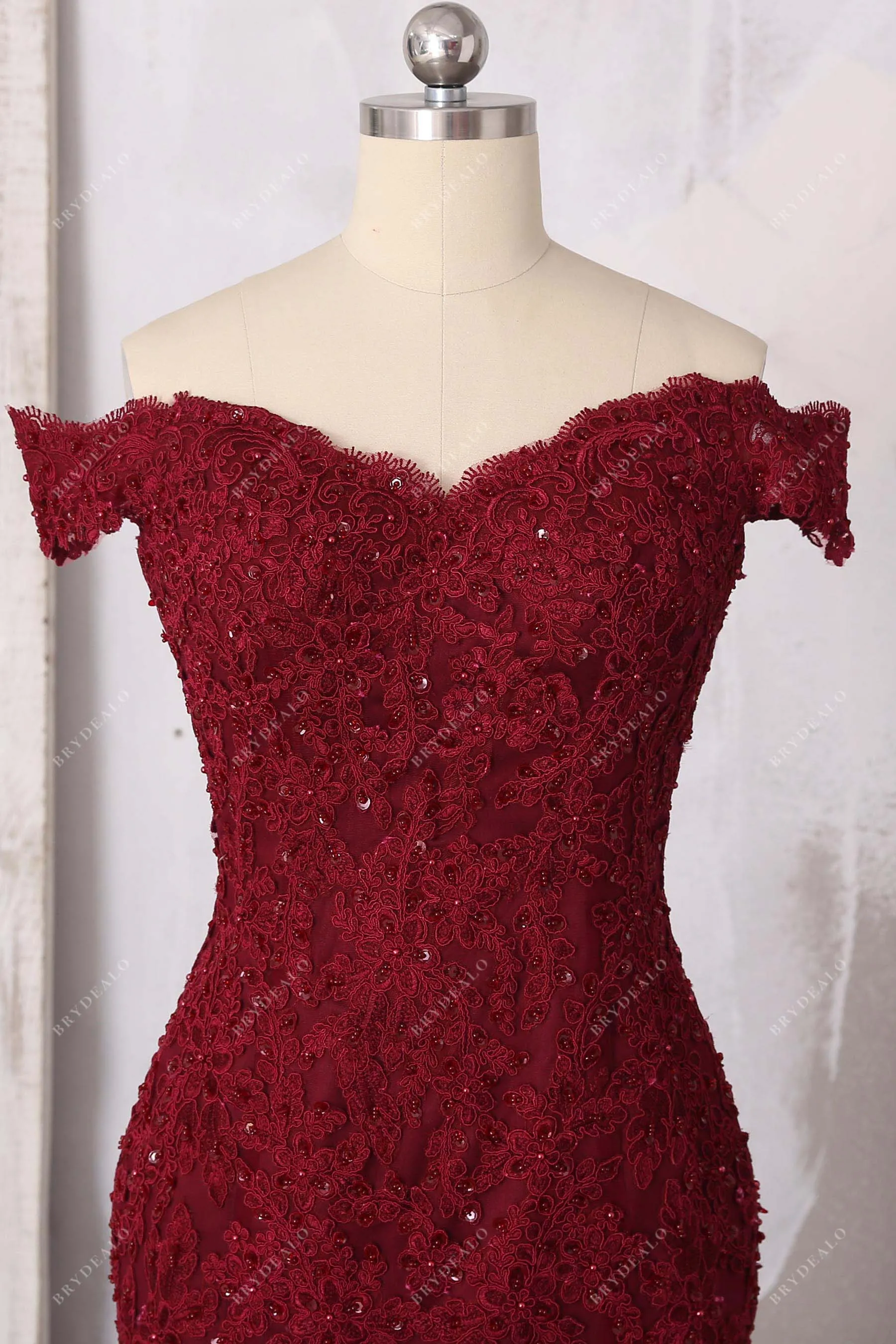 Burgundy Beaded Lace Off-shoulder Trumpet Prom Dress