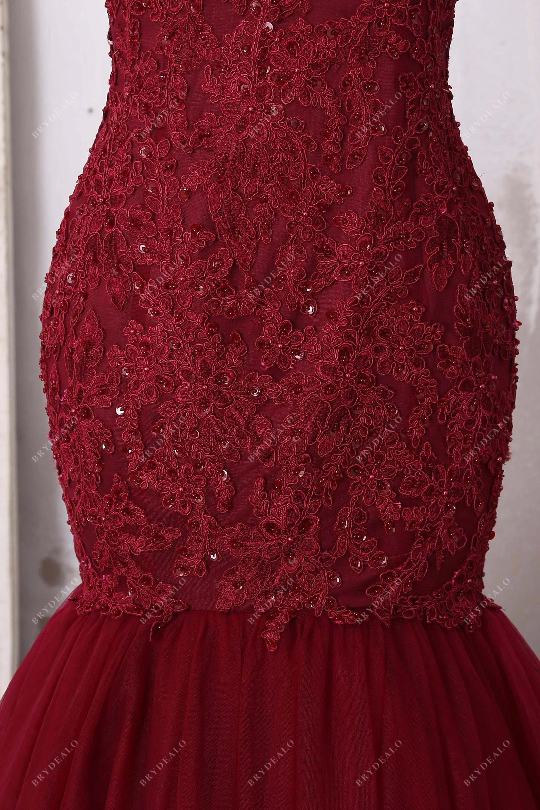 Burgundy Beaded Lace Off-shoulder Trumpet Prom Dress