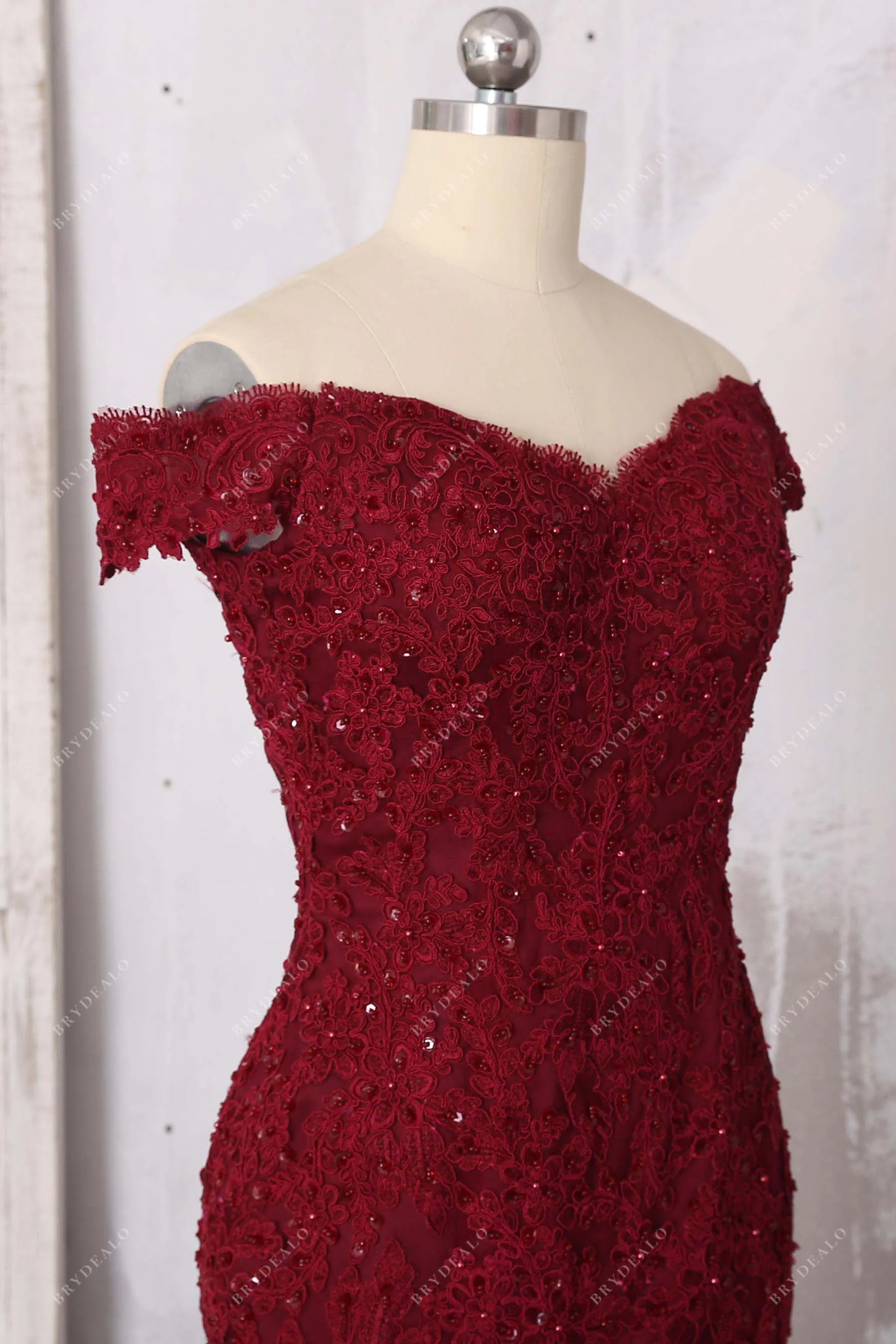 Burgundy Beaded Lace Off-shoulder Trumpet Prom Dress