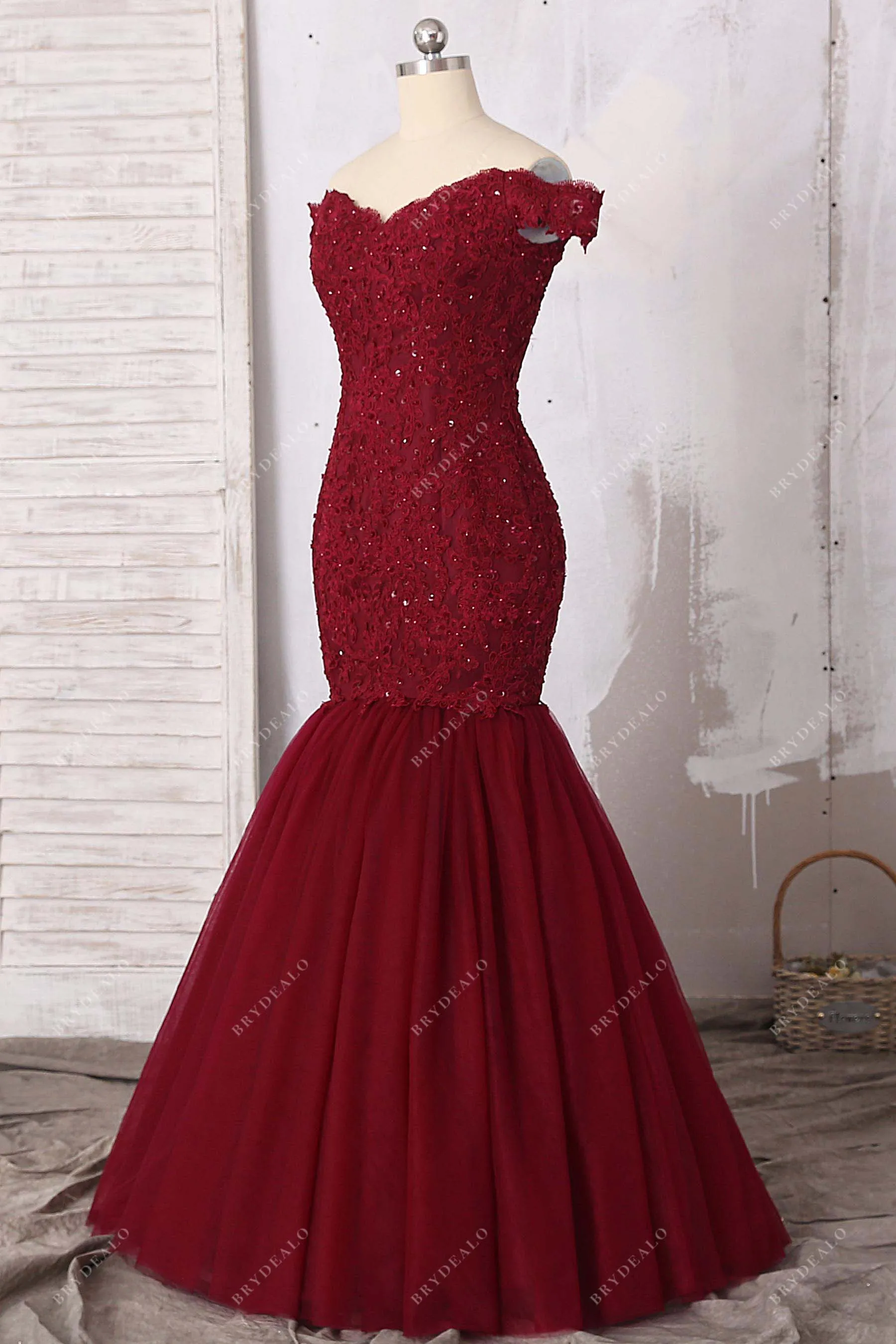 Burgundy Beaded Lace Off-shoulder Trumpet Prom Dress