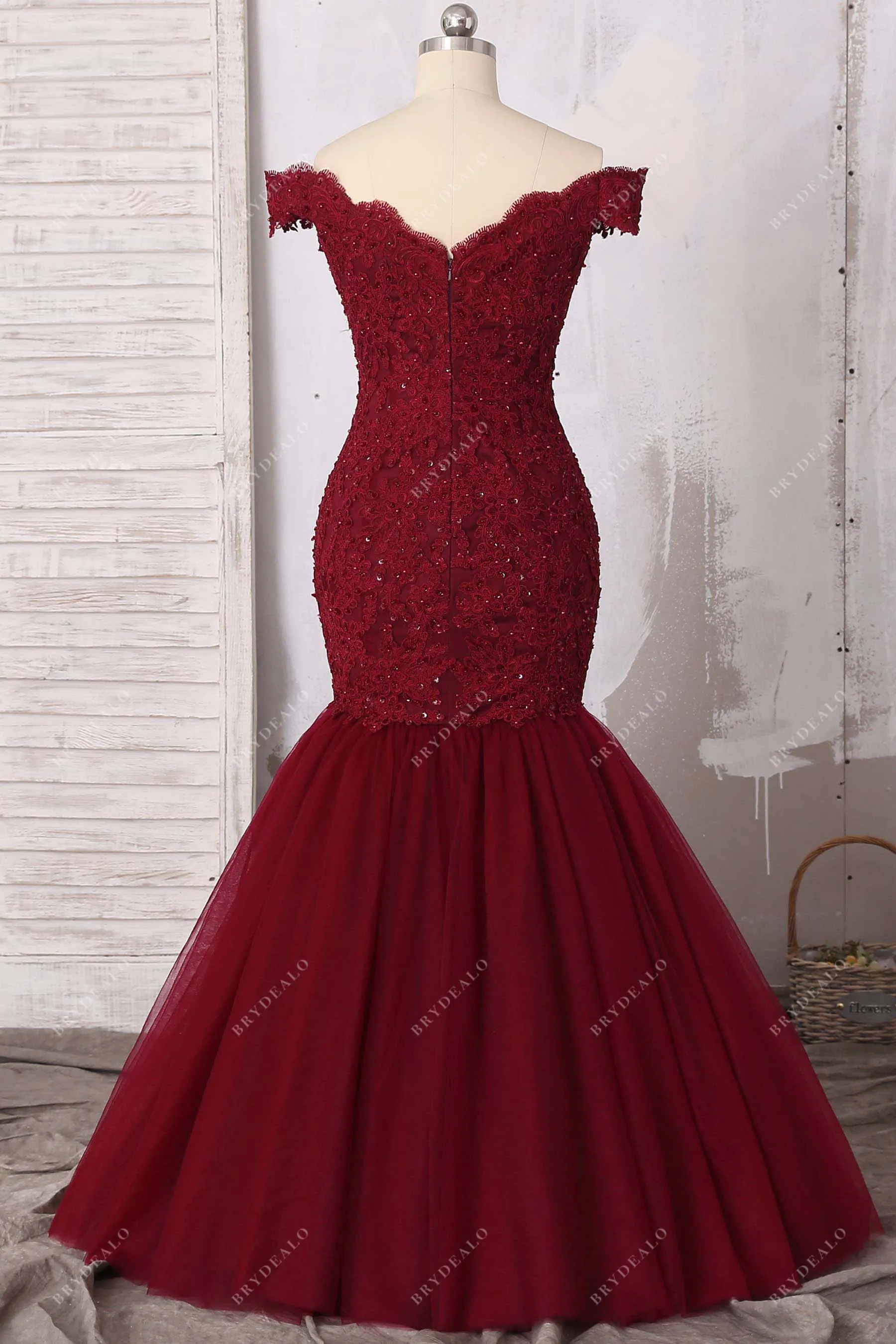 Burgundy Beaded Lace Off-shoulder Trumpet Prom Dress