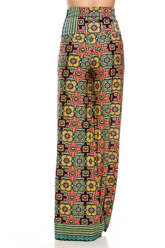 Clover Tiles Palazzo Pants - Neon Coral