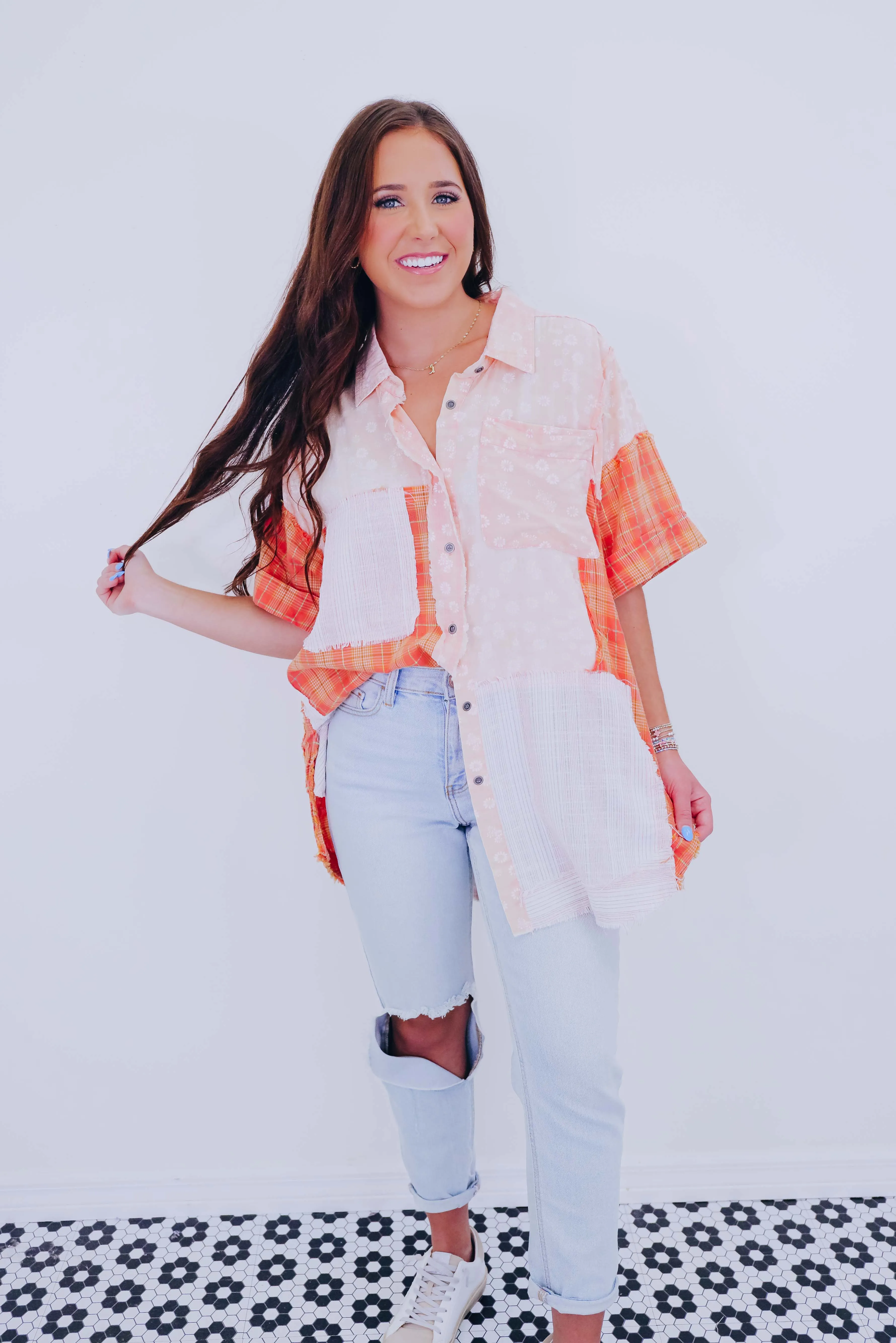 Cut It Out Patchwork Top- Orange