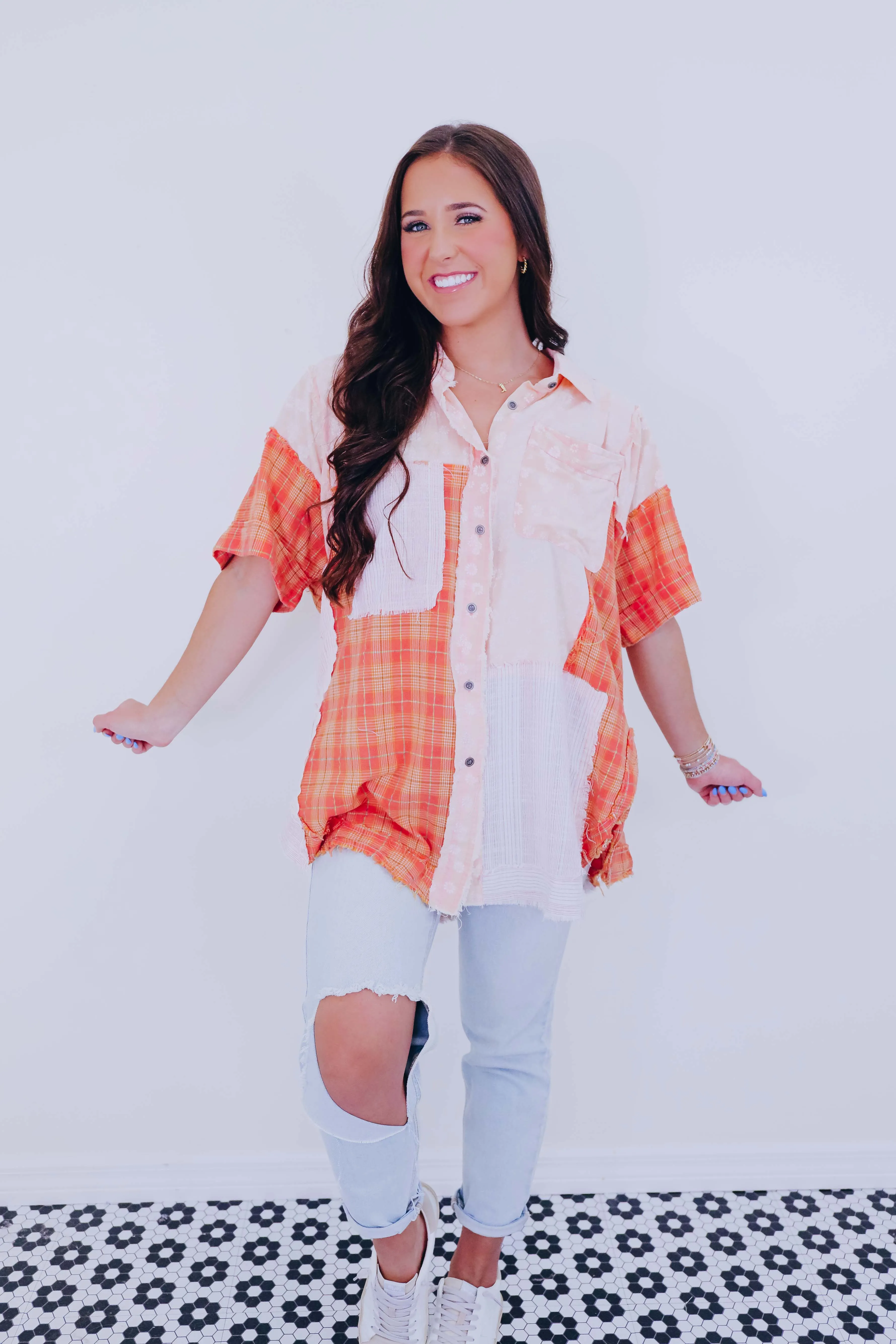 Cut It Out Patchwork Top- Orange