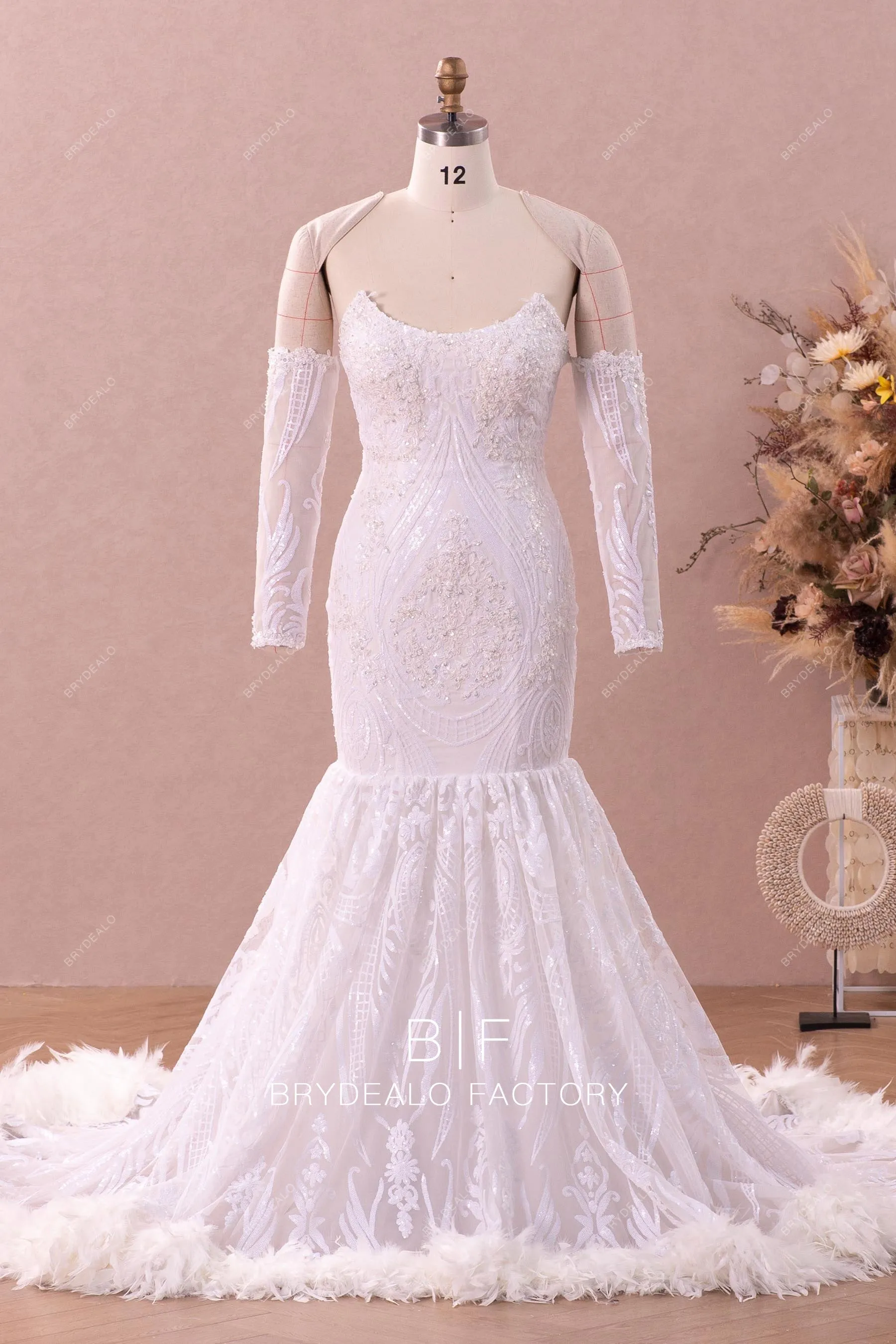 Detachable Off Shoulder Sleeve Feather Mermaid Wedding Dress