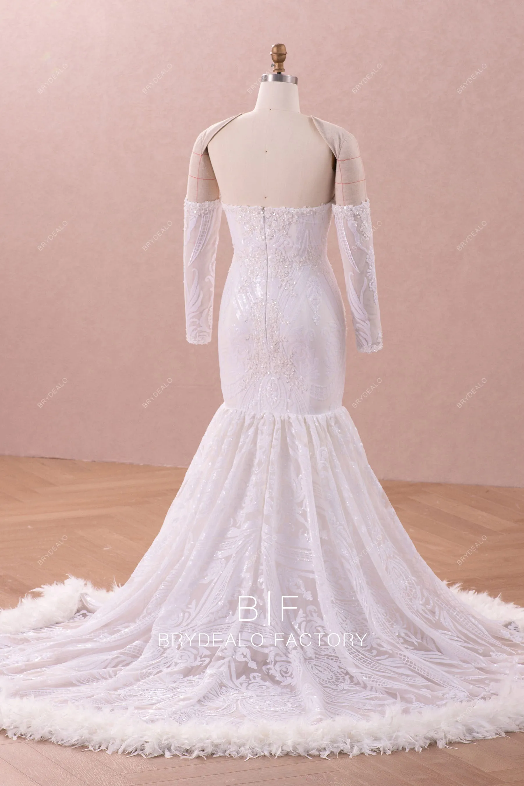 Detachable Off Shoulder Sleeve Feather Mermaid Wedding Dress