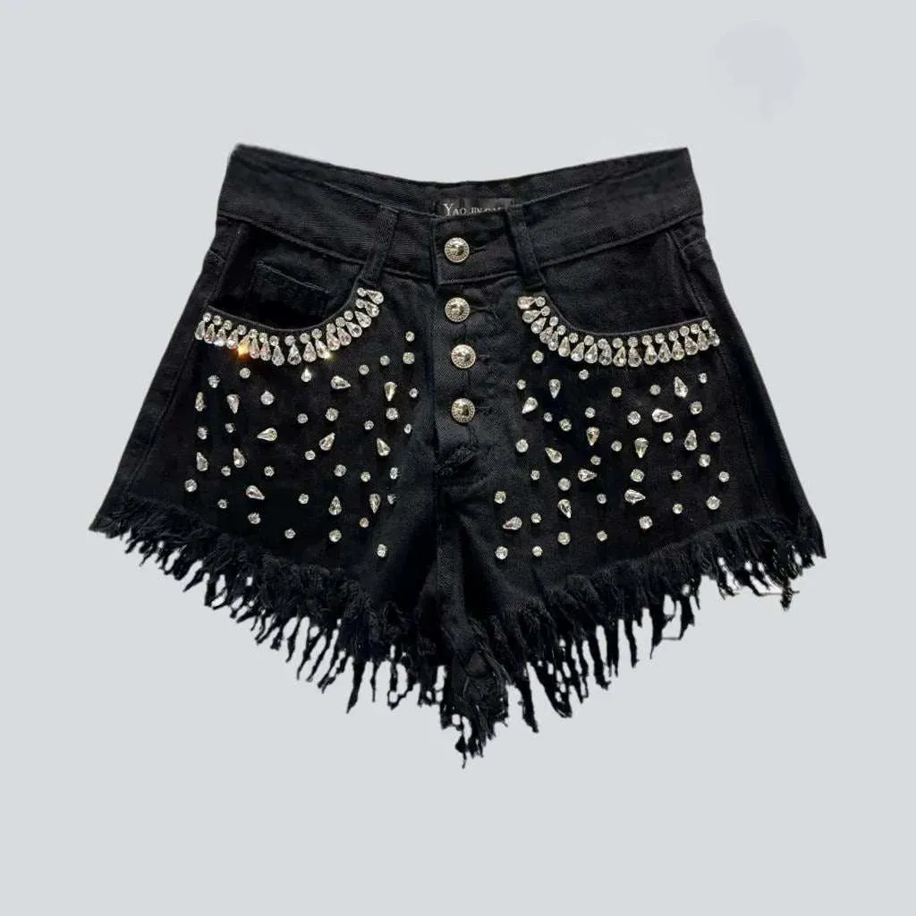 Diamond rhinestone distressed denim shorts