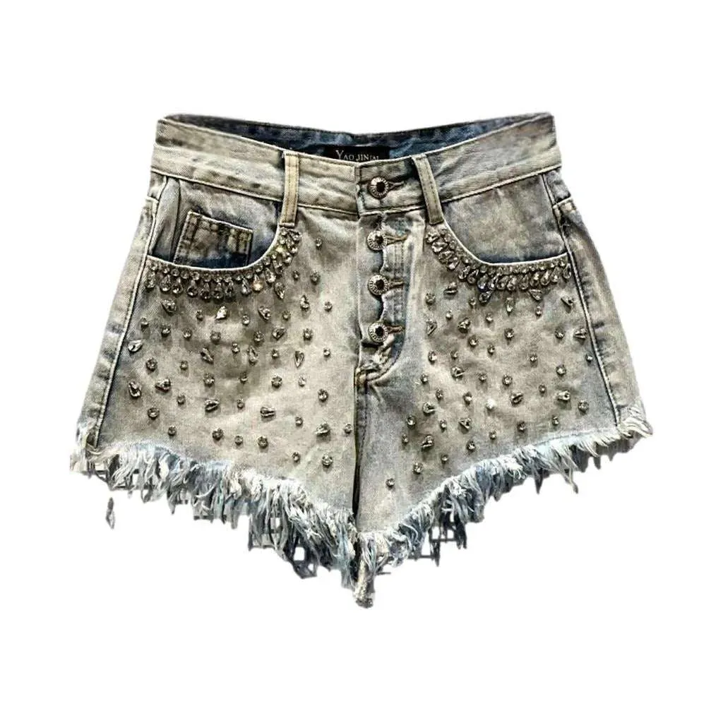 Diamond rhinestone distressed denim shorts