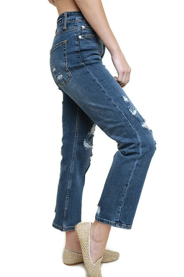 Distressed High Waist Straight Leg Jeans