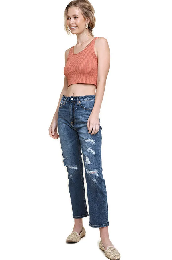 Distressed High Waist Straight Leg Jeans