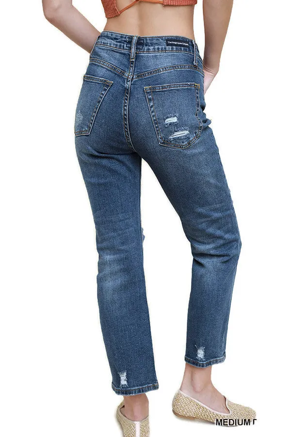 Distressed High Waist Straight Leg Jeans