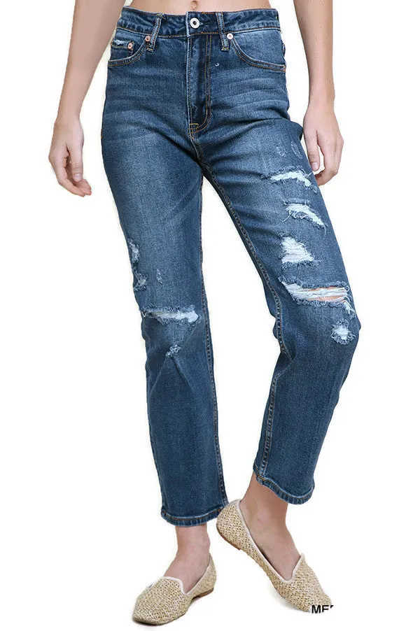 Distressed High Waist Straight Leg Jeans