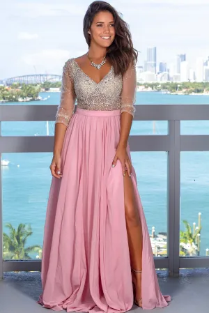 Dusty Rose Maxi Dress with Silver Jewels and 3/4 Sleeves