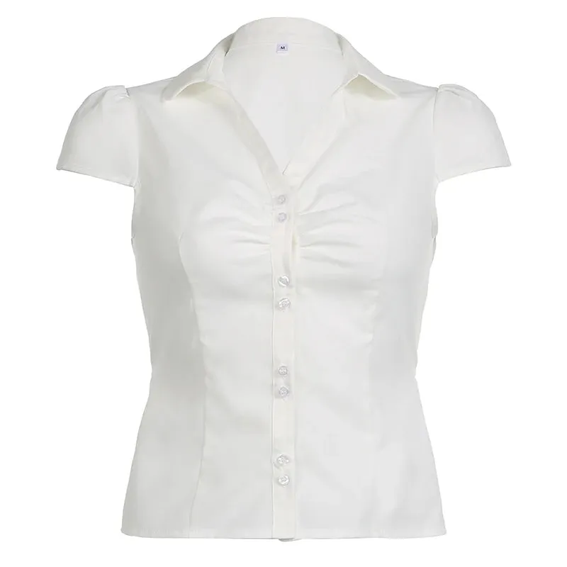 Fashion Chic White Folds Summer Women Blouses Tops Short Sleeve Buttons Up Cardigan Tie Up Korean Shirt Casual Solid