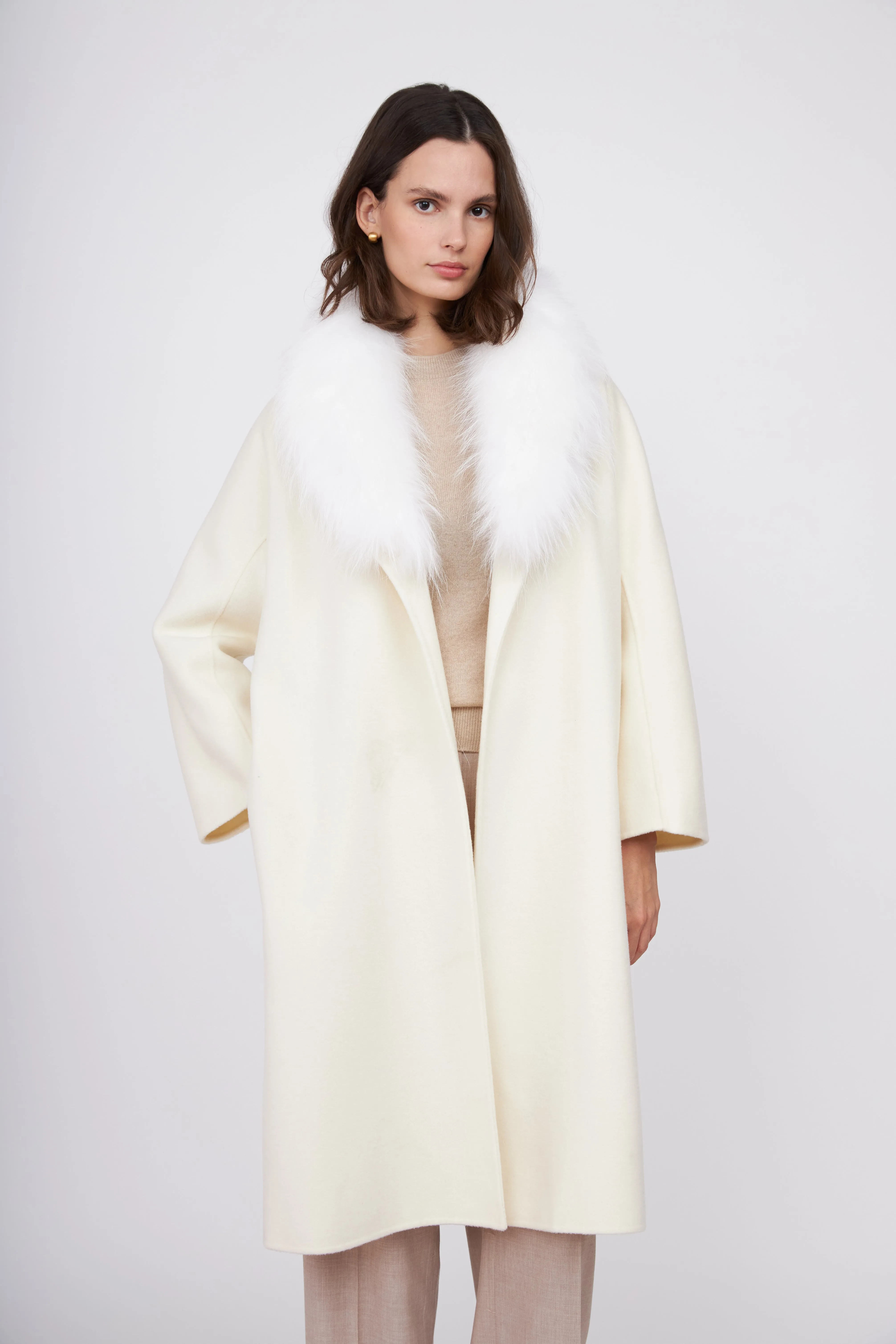 Fur Shawl Collar Cashmere Coat - Ivory