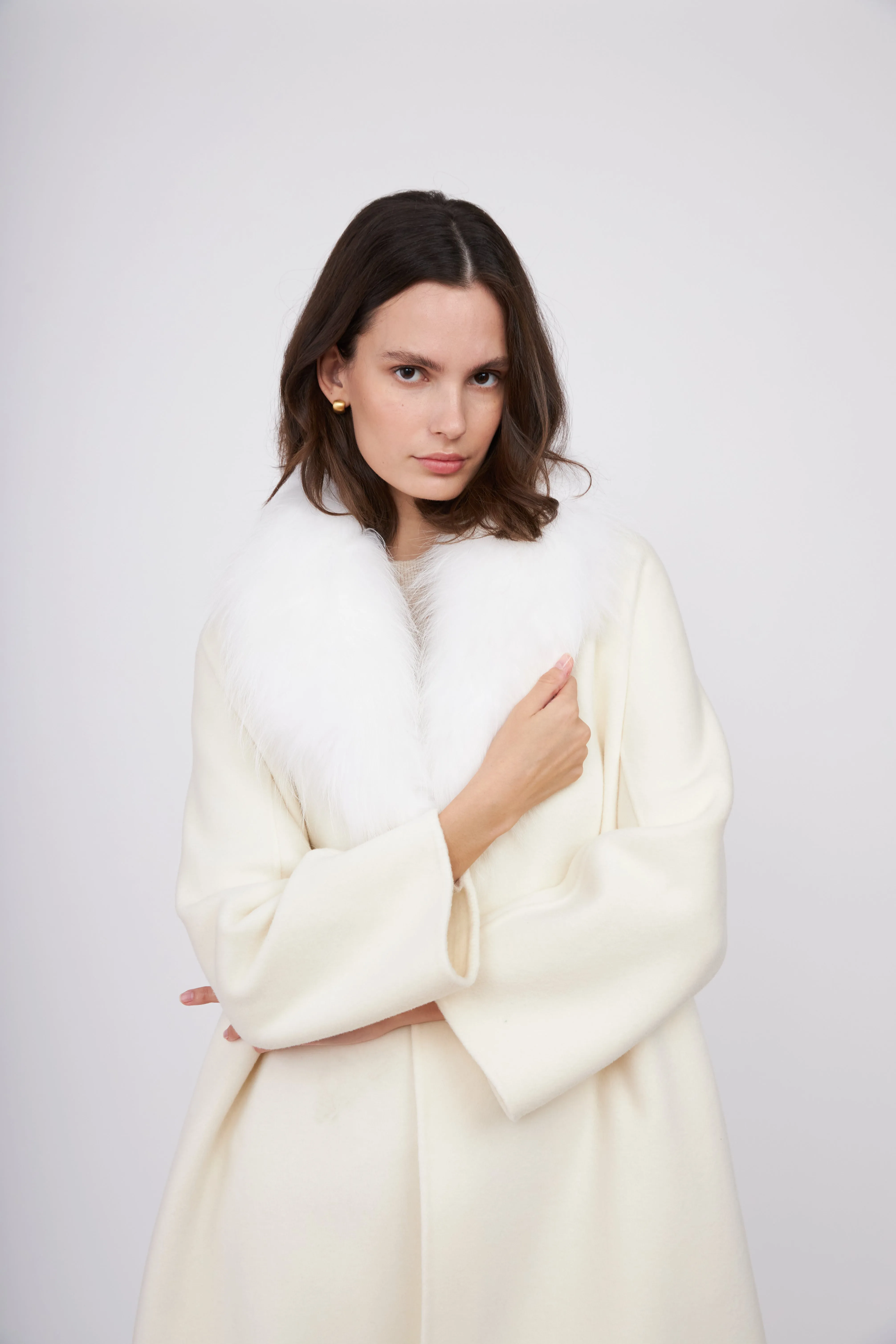 Fur Shawl Collar Cashmere Coat - Ivory