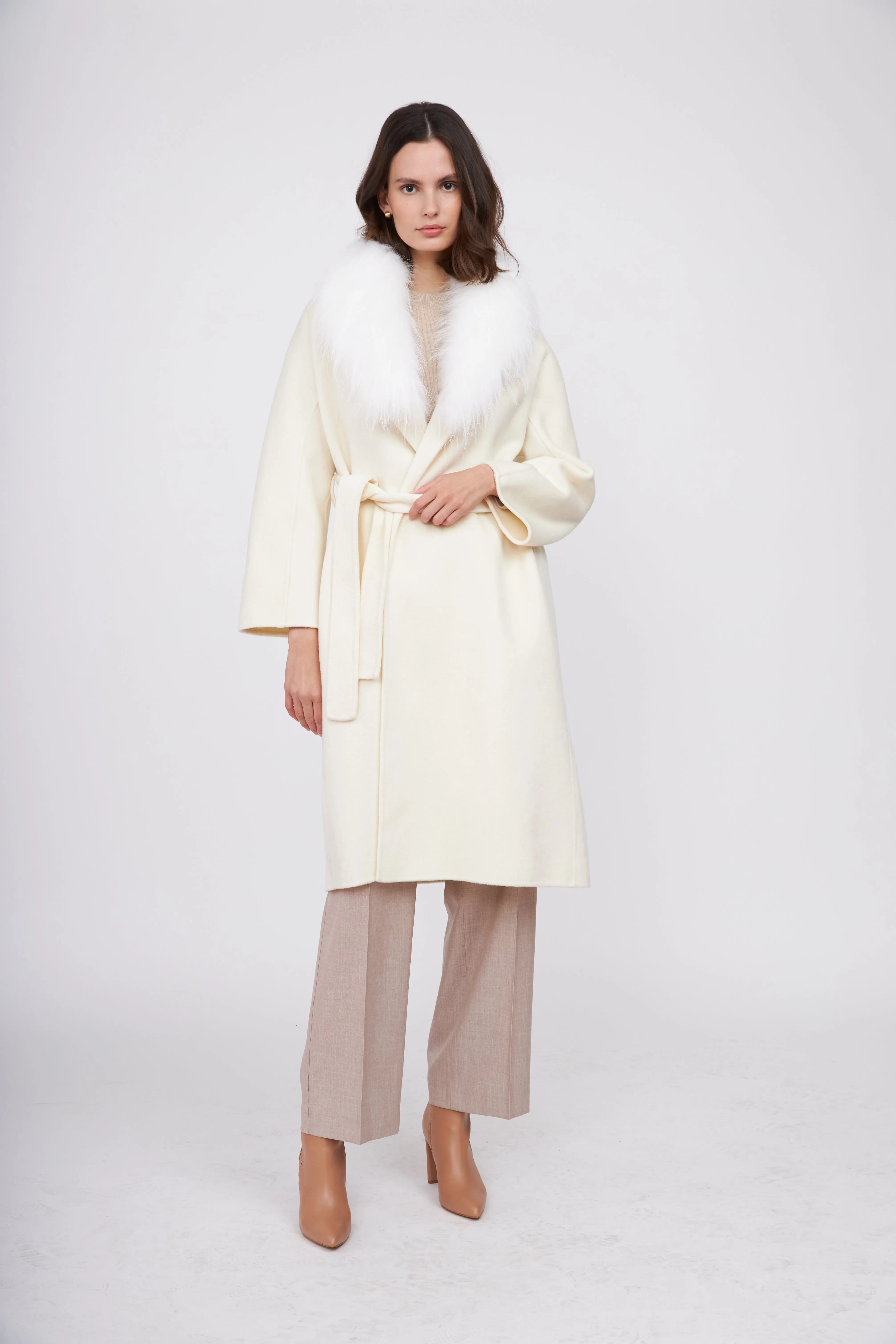 Fur Shawl Collar Cashmere Coat - Ivory