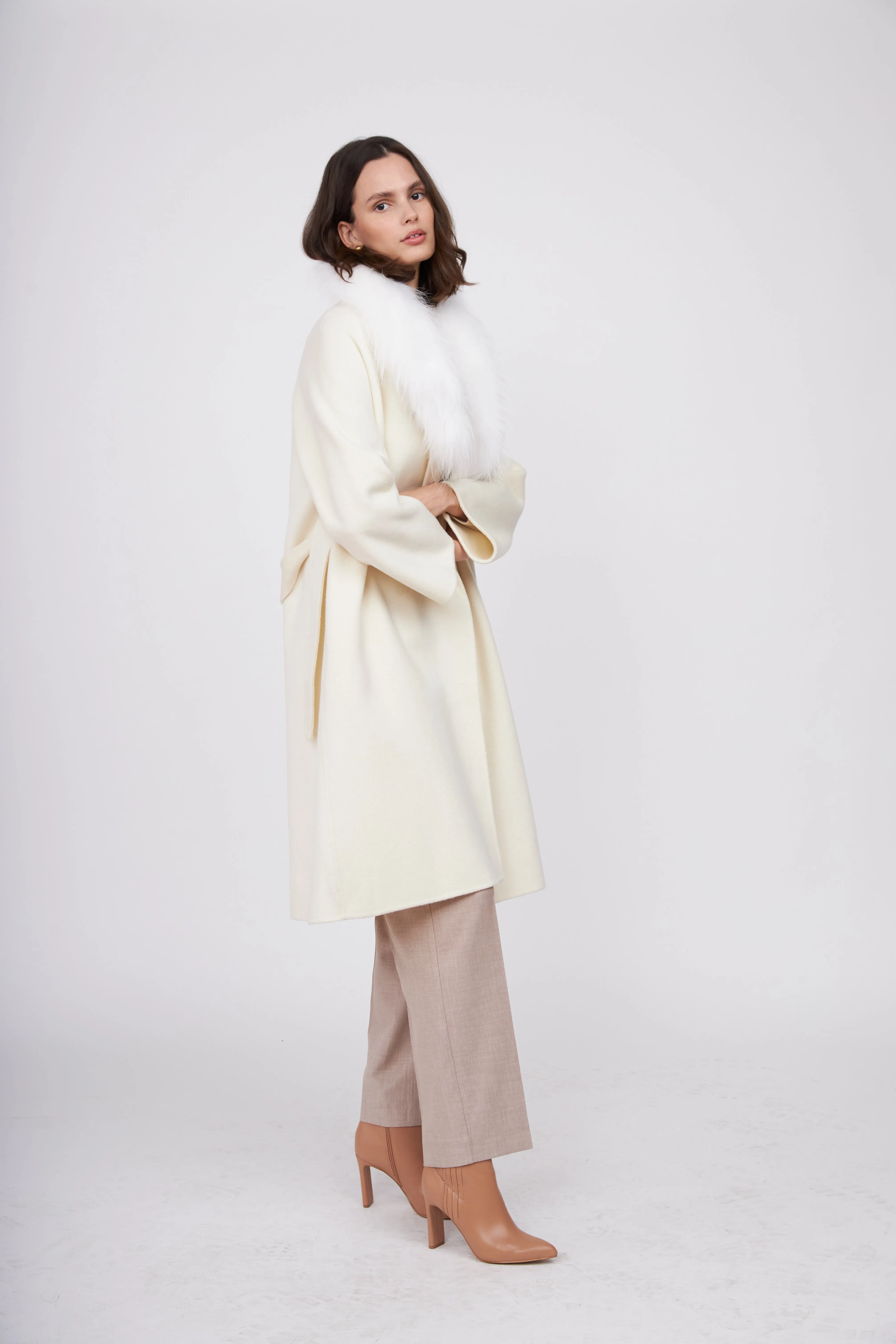 Fur Shawl Collar Cashmere Coat - Ivory