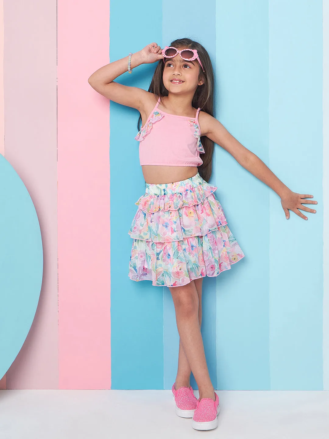 Girls Round Neck Ruffled Top With Skirt - PS Peaches