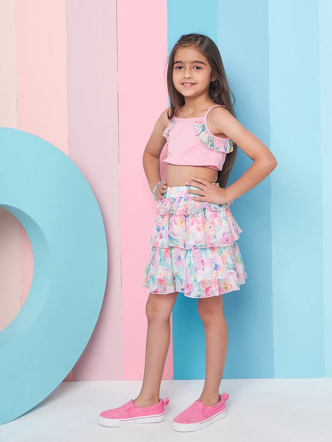 Girls Round Neck Ruffled Top With Skirt - PS Peaches