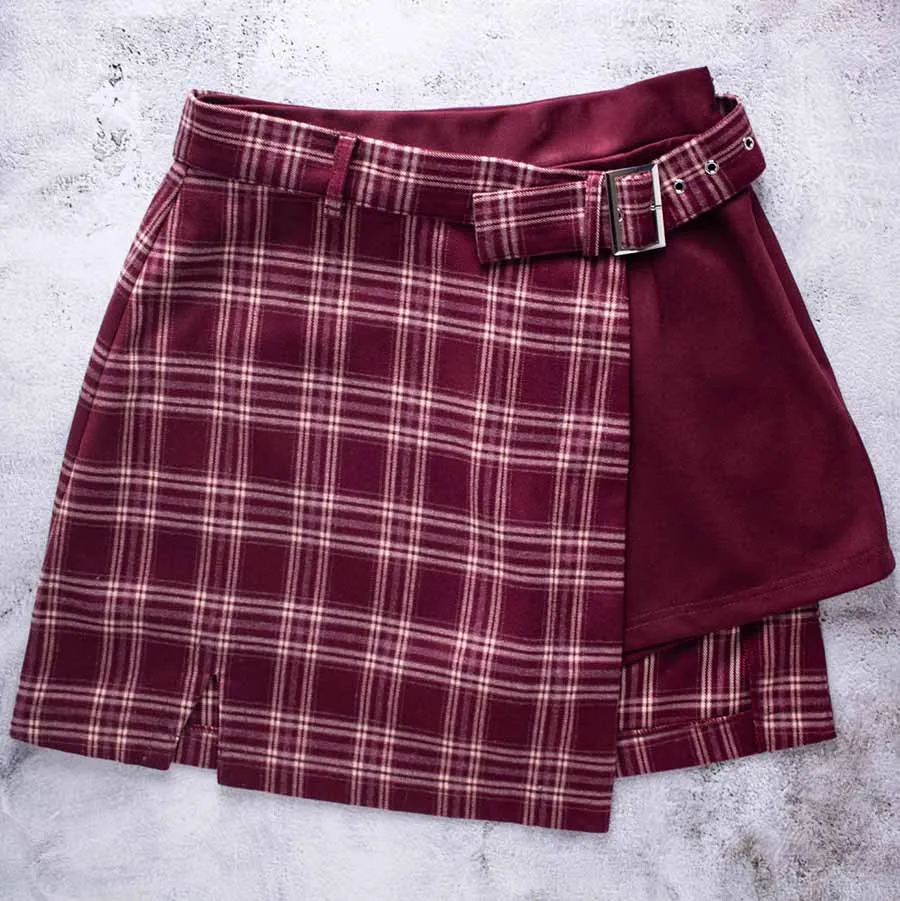 Goji Adjustable Plaid Side Slit Skort