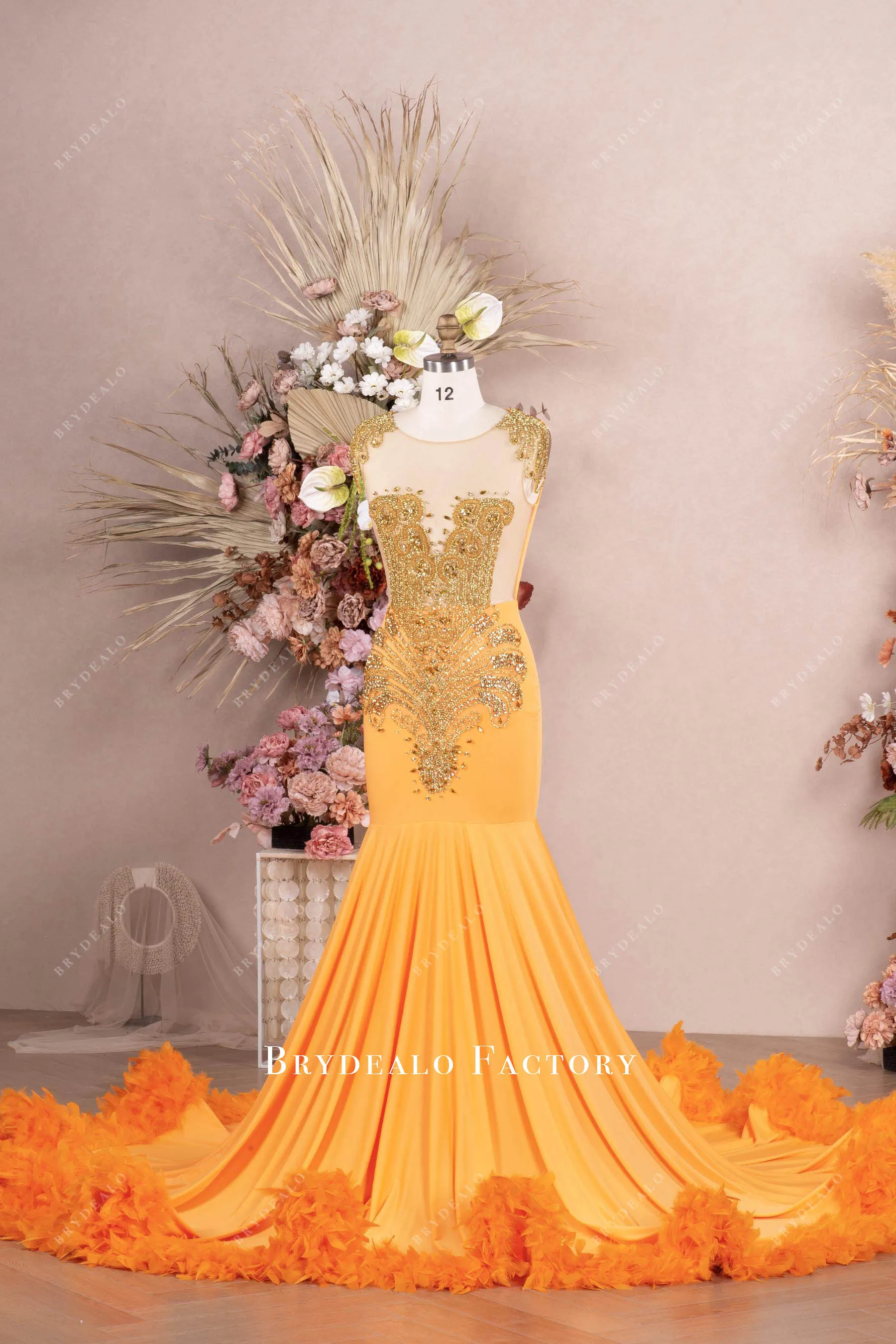 Gold Rhinestone Orange Jersey Feather Long Train Prom Dress