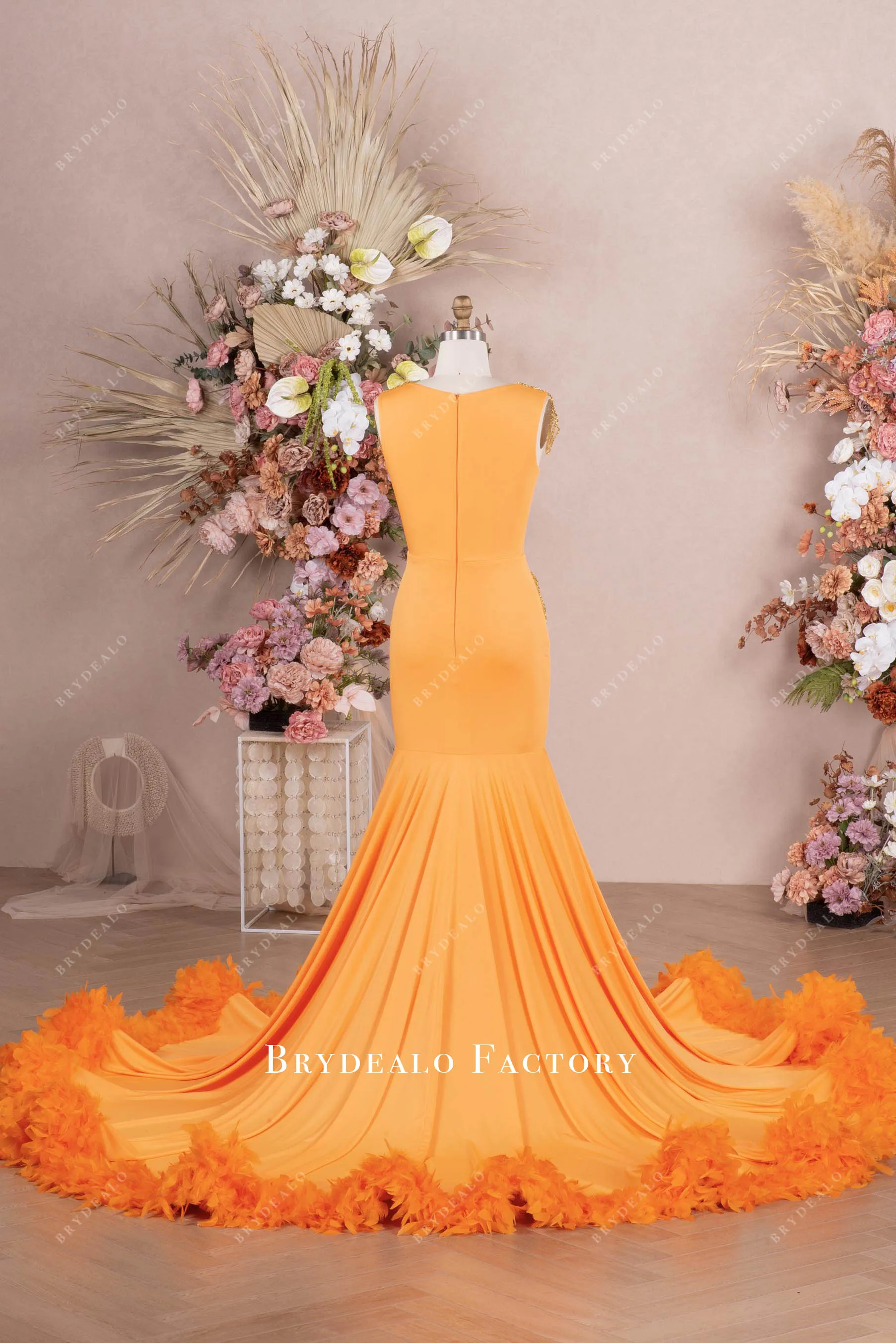 Gold Rhinestone Orange Jersey Feather Long Train Prom Dress