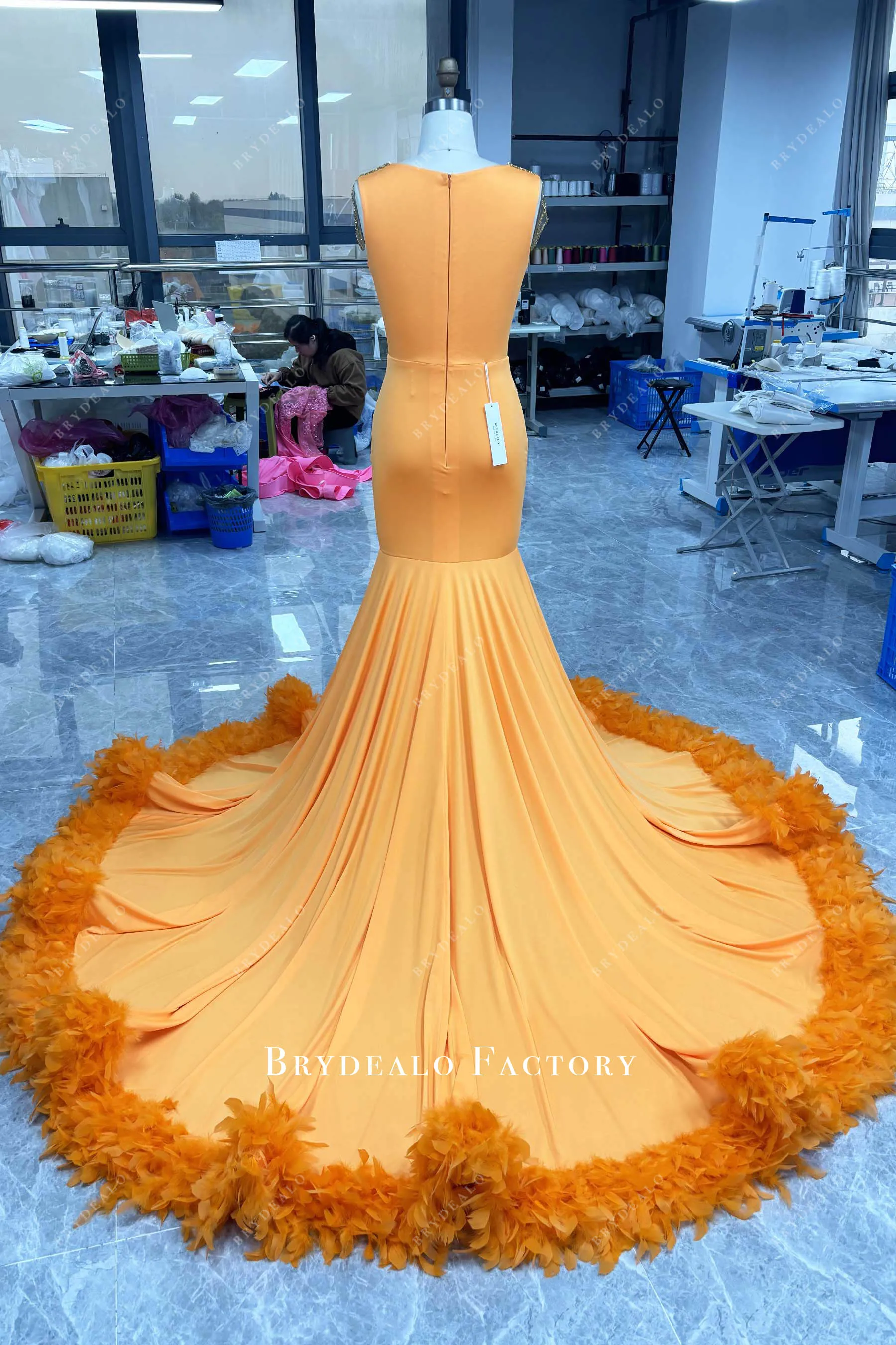 Gold Rhinestone Orange Jersey Feather Long Train Prom Dress