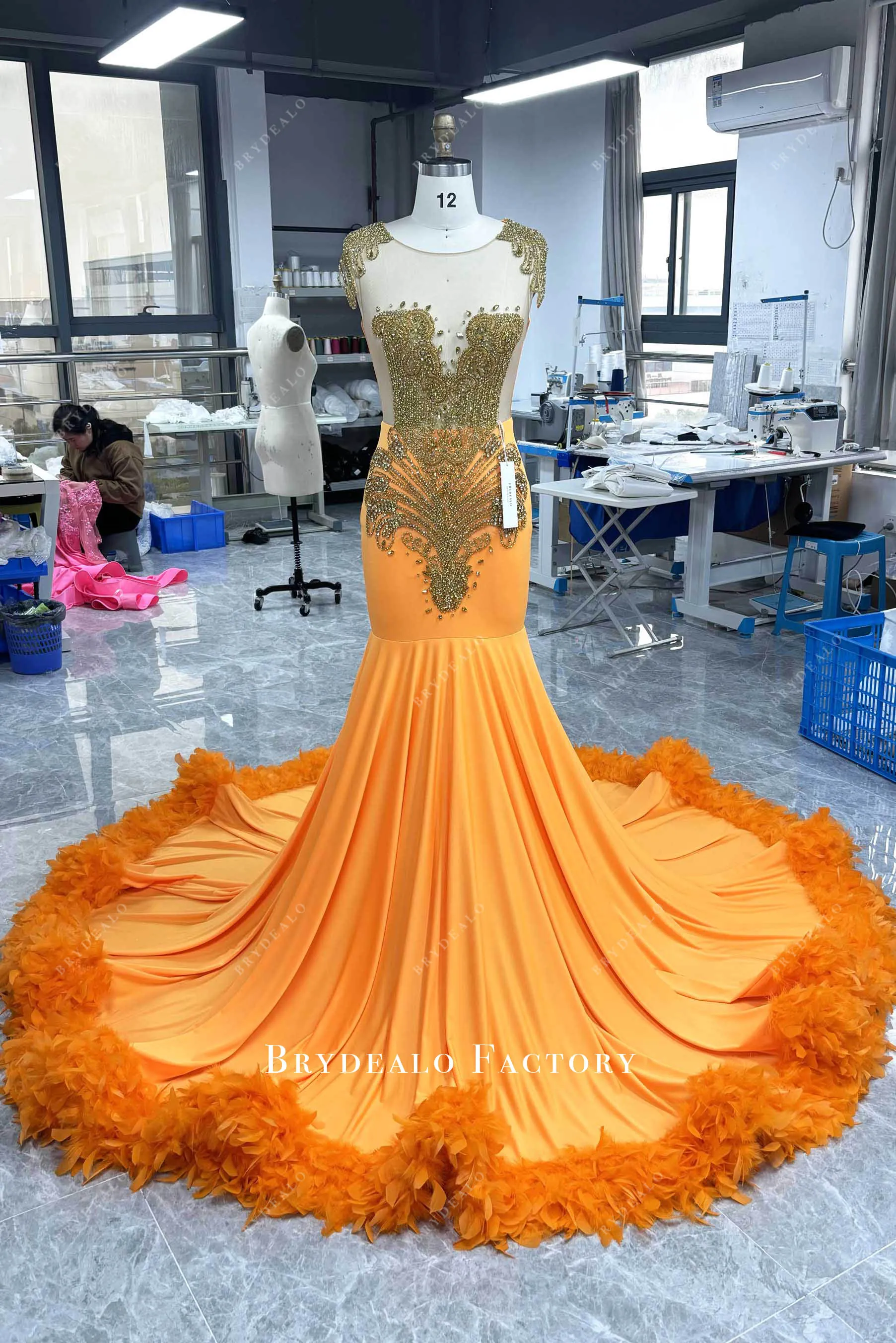 Gold Rhinestone Orange Jersey Feather Long Train Prom Dress