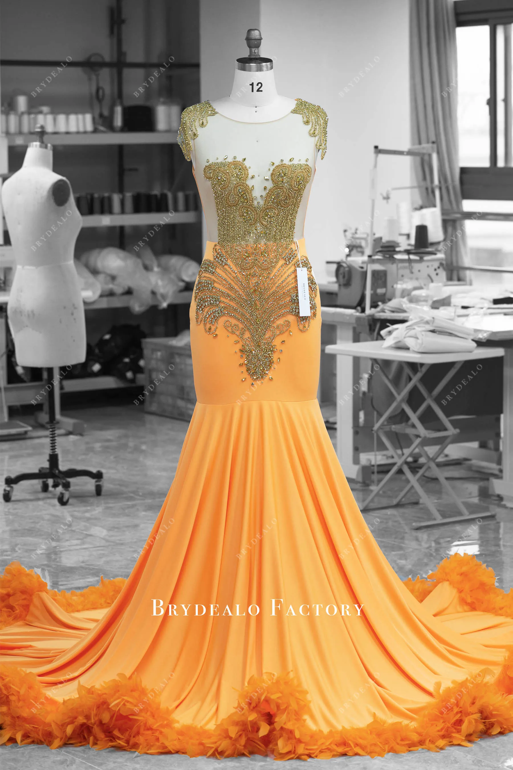 Gold Rhinestone Orange Jersey Feather Long Train Prom Dress