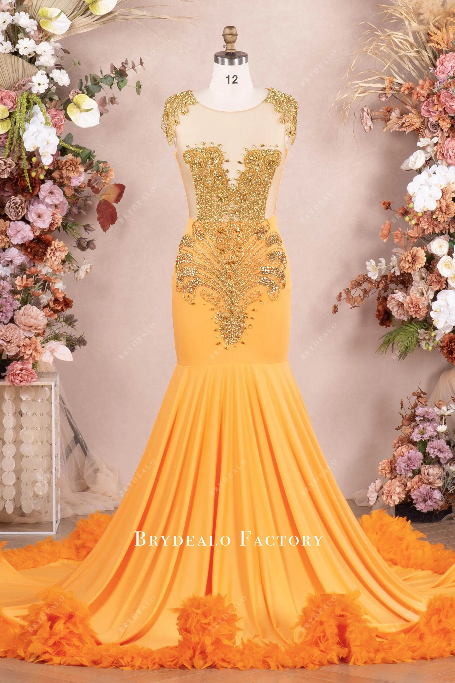 Gold Rhinestone Orange Jersey Feather Long Train Prom Dress