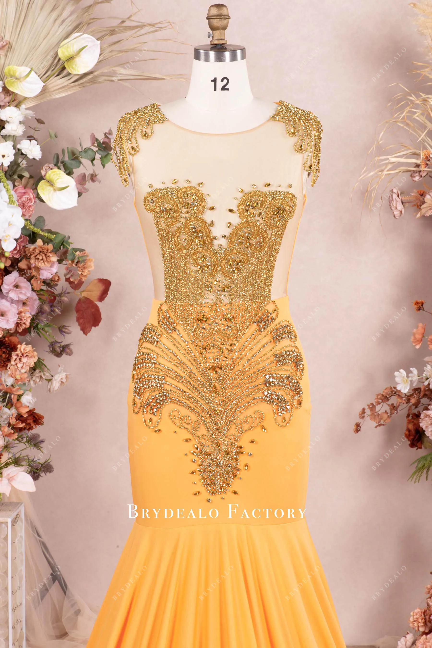 Gold Rhinestone Orange Jersey Feather Long Train Prom Dress