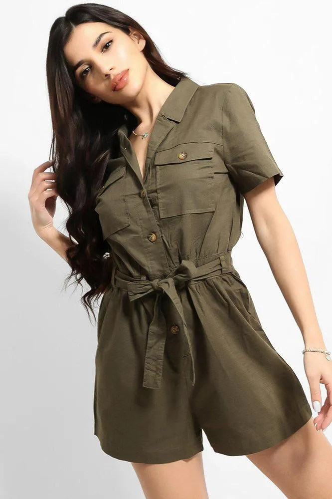 Khaki Thin Denim Button Down Waist Tie Playsuit