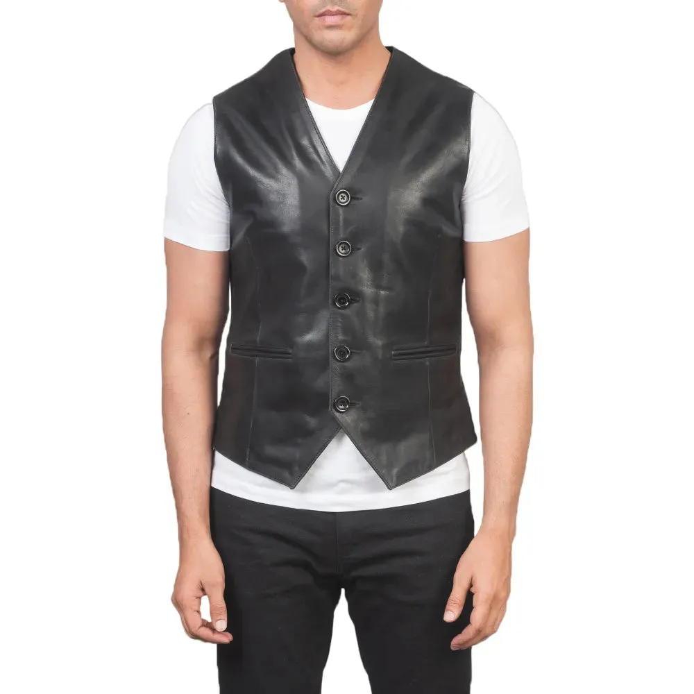 Mens Black Button Up Leather Vest