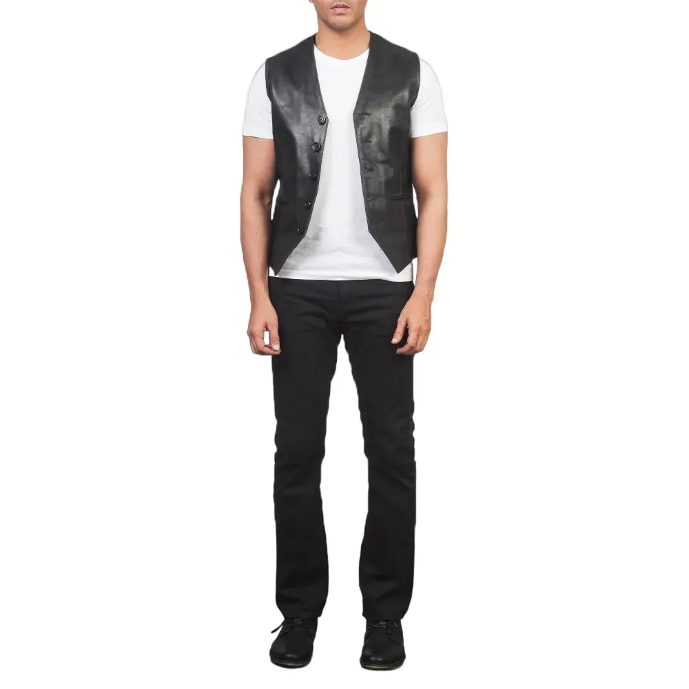 Mens Black Button Up Leather Vest