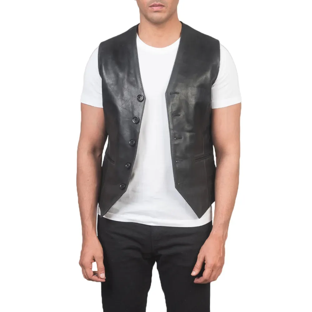 Mens Black Button Up Leather Vest