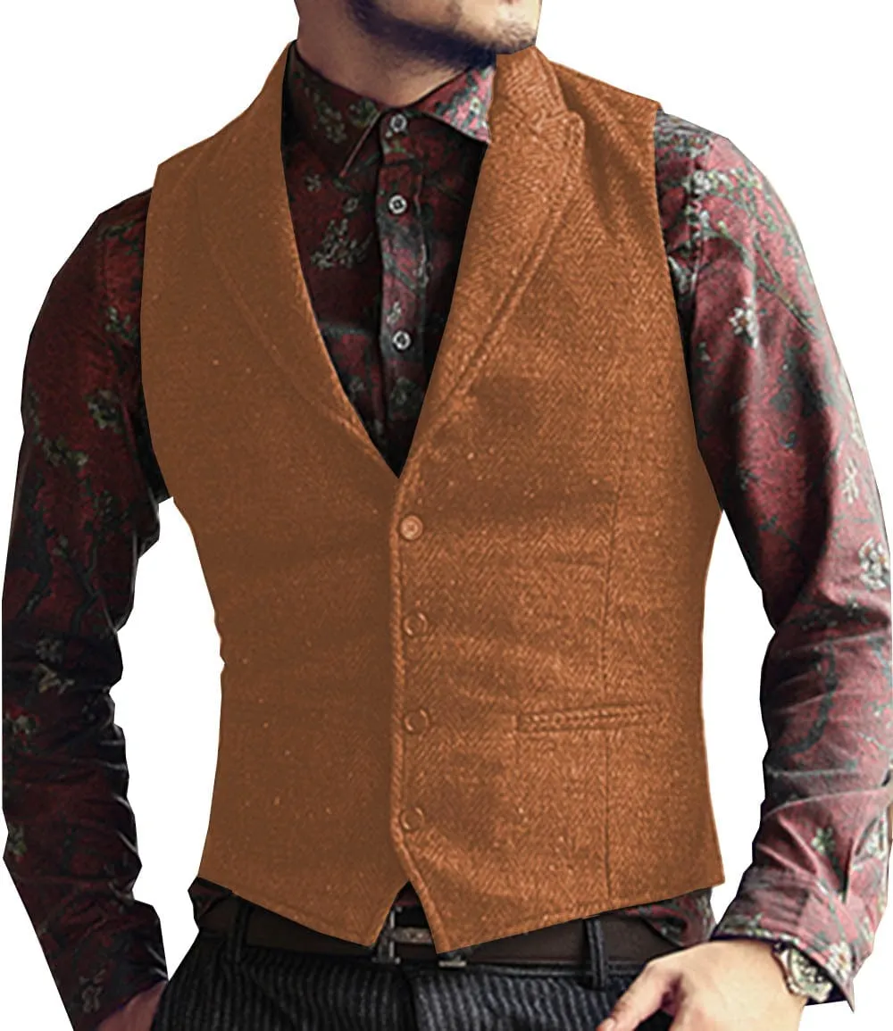 Men's Classic Peak Lapel Tweed Herringbone Waistcoat